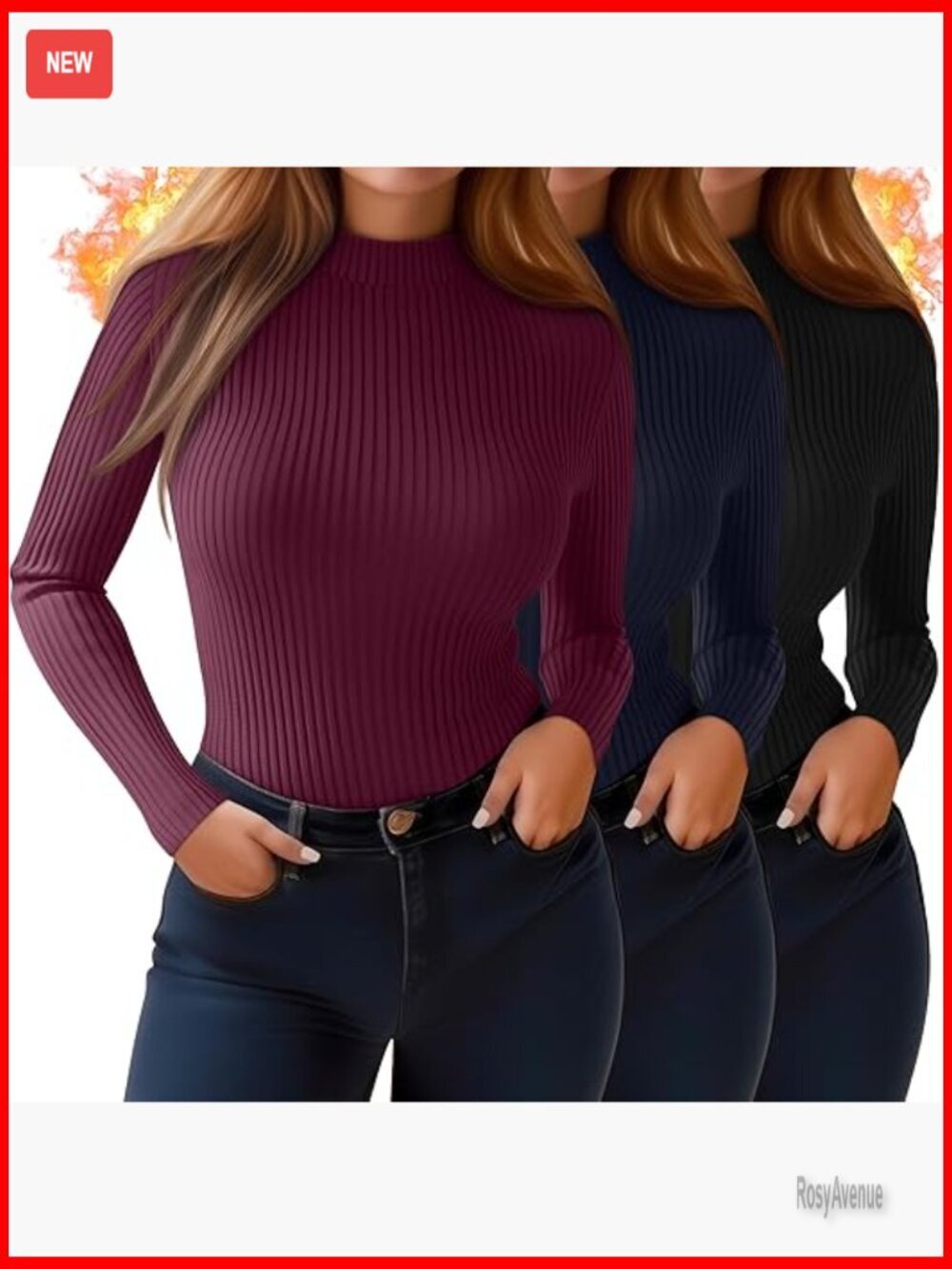 Plus Size 3 Pack Cotton Ribbed Long Sleeve Mock Turtleneck Tops Base Layer
